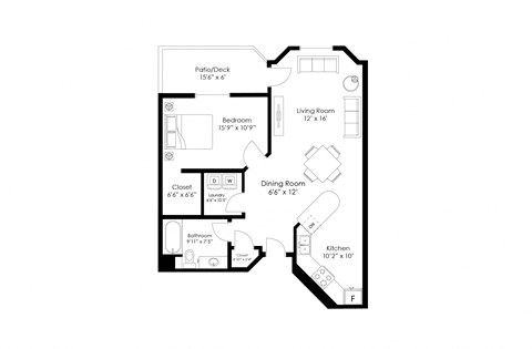 Floor plan for 1 bed, 1 bath, 832 sqft
